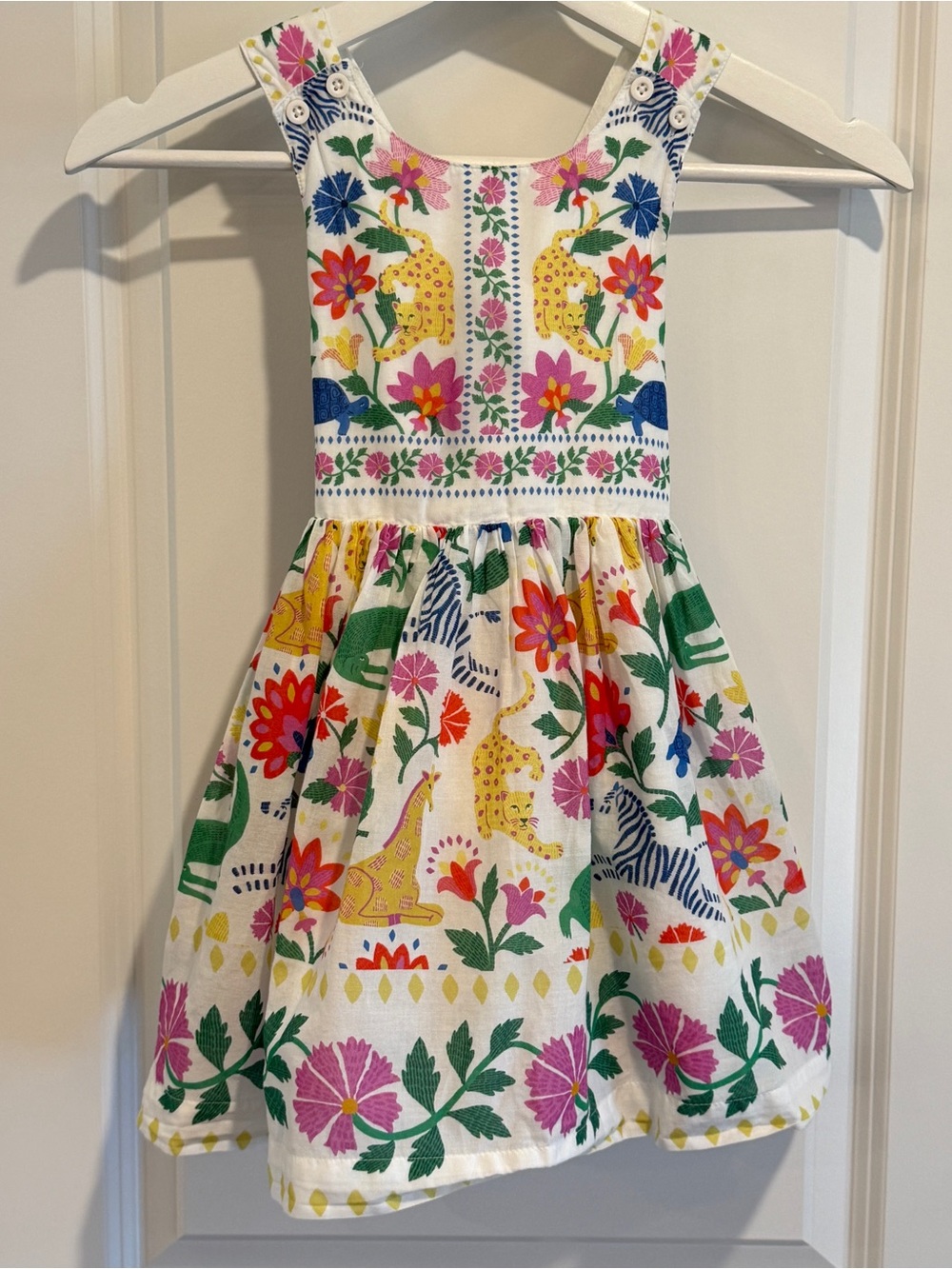 3-4Y Mini Boden White Dress with Multicolor Floral & Animal Print